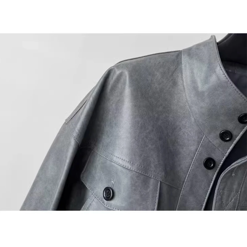 Mode Stehen Kragen Frauen 100% Echtes Leder Biker Jacken Herbst Winter Casual Weibliche Lose Volle Hülse Schaffell Jacke Mäntel