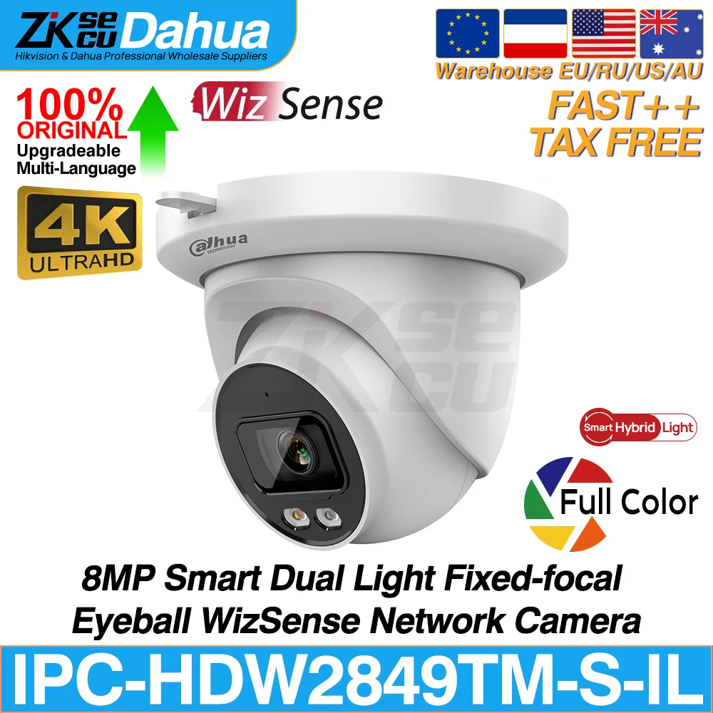 Dahua Original IPC-HDW2849TM-S-IL 8MP 4K Smart Dual Light Eyeball WizSense Network IP Camera FullColor SD Slot POE IP67 SMD Plus