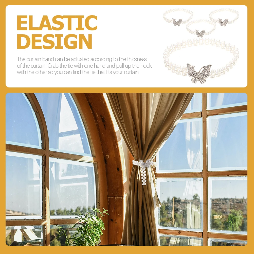 

4pcs Curtain Tiebacks Elastic Belts Pearl designed Holders Straps Strapping Curtains Decorative Hardware Accessories