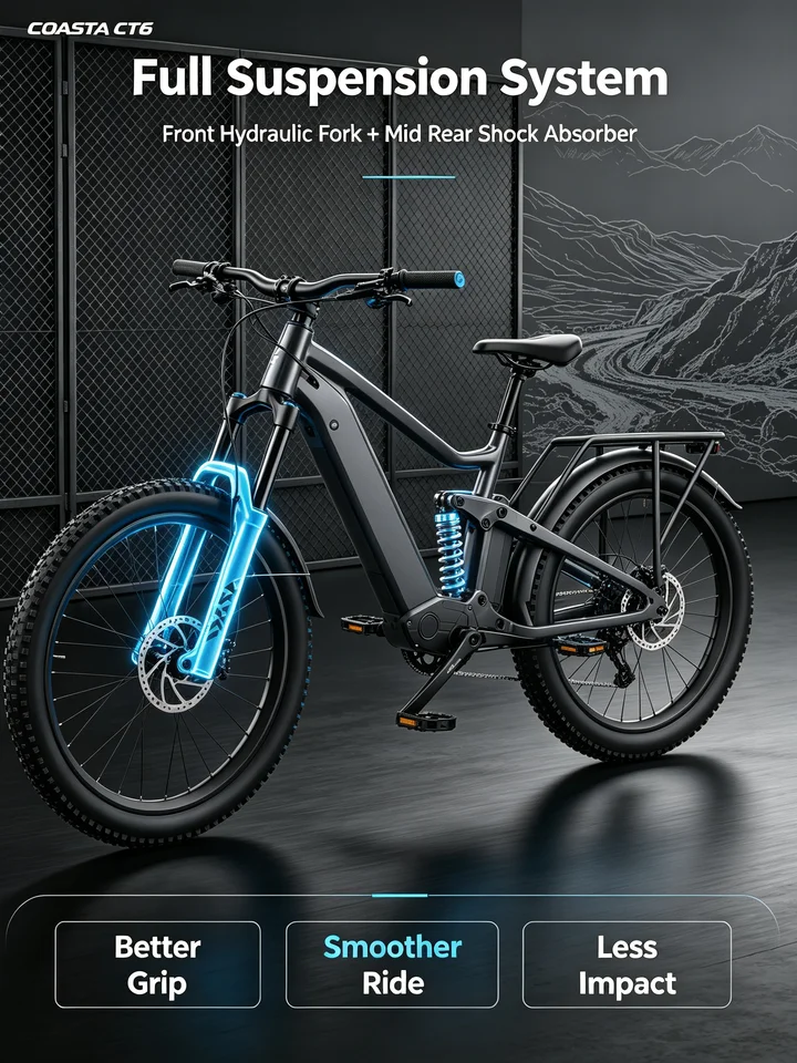 COASTA CT6  Dark Gray Frame 20Inch Fat Tire Electric Bike Dual Motor Full Suspension E Bicycle 3000W Peak 60V Removable Battery Hydraulic Disc Brake Shimano 7‑Speed LCD Display LED Headlight Max Load 150KG For Snow Beach Mountain Off‑Road Riding image 5
