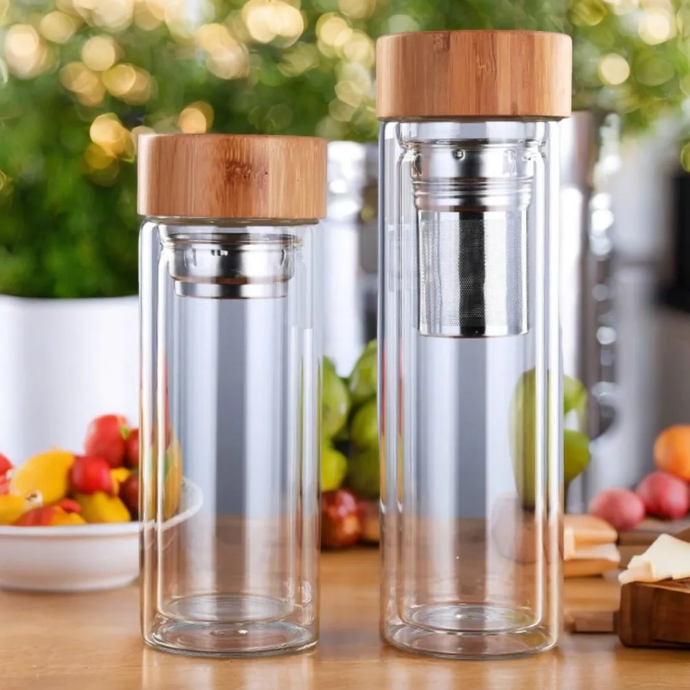 Stainless Steel Filters Double Wall Glass Water Bottle with Bamboo Lid, Perfect for Travel - 300/400/500ML Capacity, Stylish and