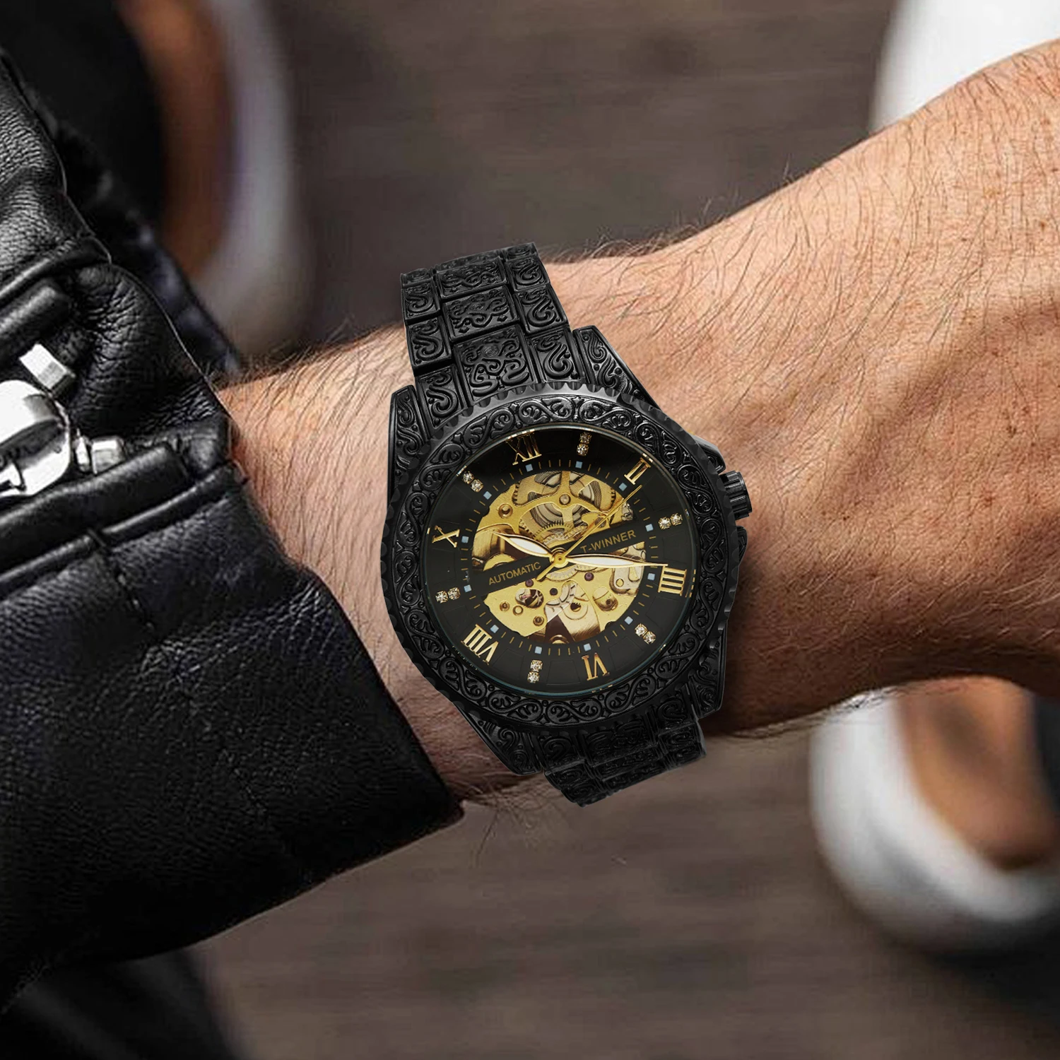WINNER Royal Retro Skeleton Mechanical Watch for Men Rotating Bezel Luminous Hands Stainless Steel Strap Automatic Watches New