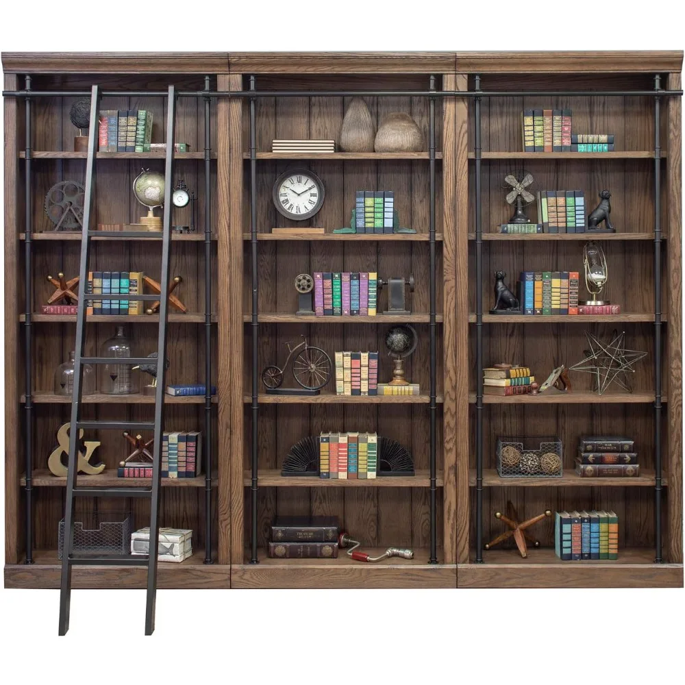 Dinding Rak Buku Tinggi Avondale 8' dengan Tangga, Organizer Penyimpanan, Rak Pajangan untuk Kantor, Coklat