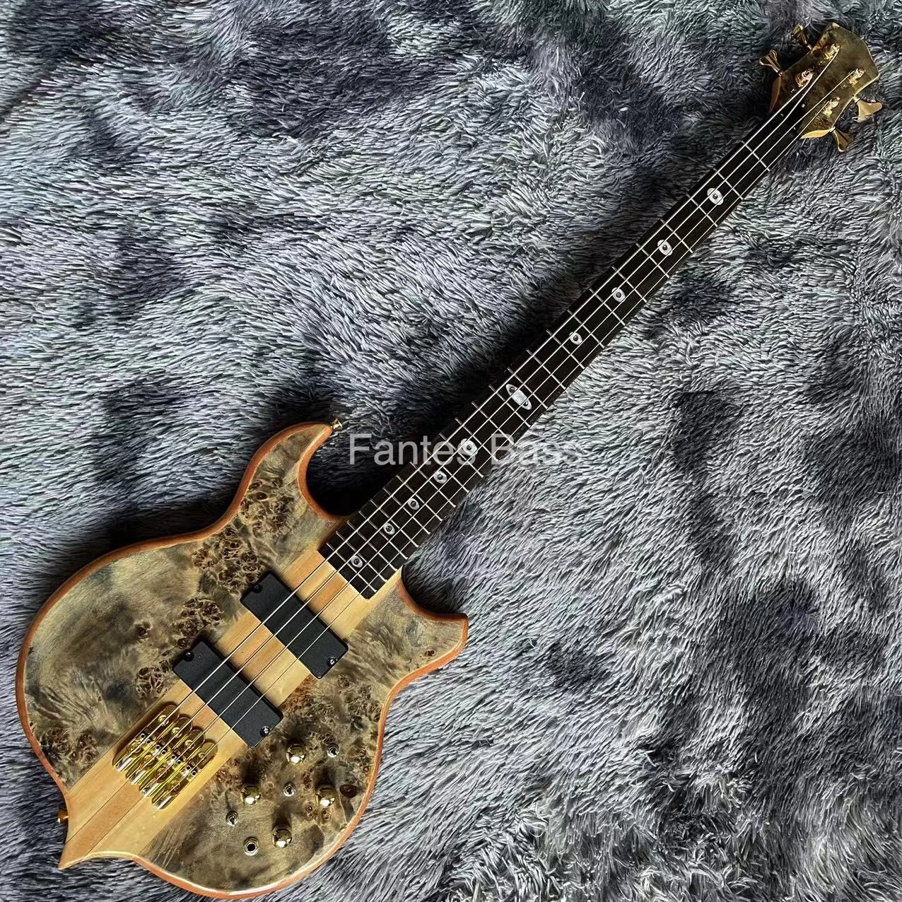 Custom Fantes Bass Alemb style 4 Strings Neck Thru Body Electric Guitar Bass Factory Burst Maple Top 9V Active Pickup