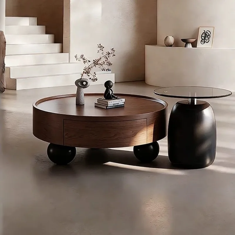 Retro medium and ancient style solid wood round coffee table combination, living room household small apartment