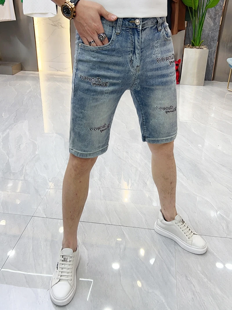 

Summer Faion Men's Denim orts Cartoon Bear Print Waed Slim Fit Five-Quarter Length Straight Leg Casual Jeans orts