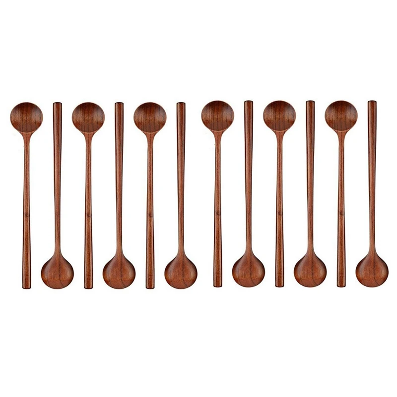 

12Pcs Wooden Long Spoons Long Handle Round Spoons Korean Style Soup Spoons For Soup Cooking Mixing Stirring Kitchen