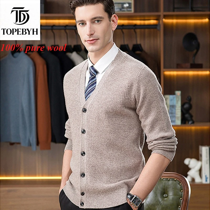 

100% Чистый Шерстяной Премиум Свитер, Вязаный Шерстяной Кардиган с Длинным Рукавом, Топы и Пальто