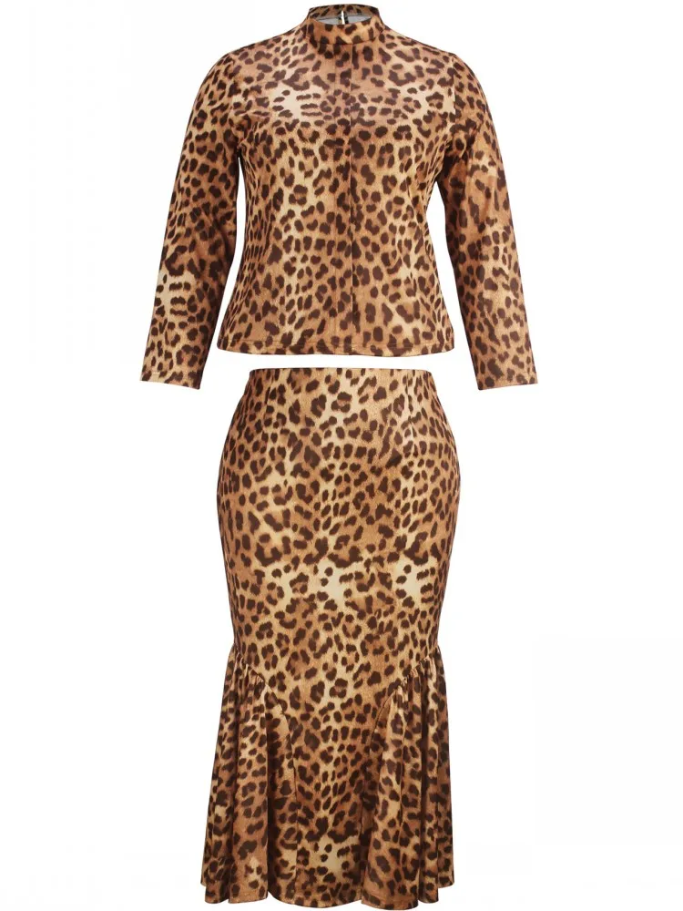 Two Piece Set Plus Size Clothes Autumn Winter Leopard Long Sleeve Top And Maxi Skirt Women Sets Streetwear Office Lady Suit - Image 4