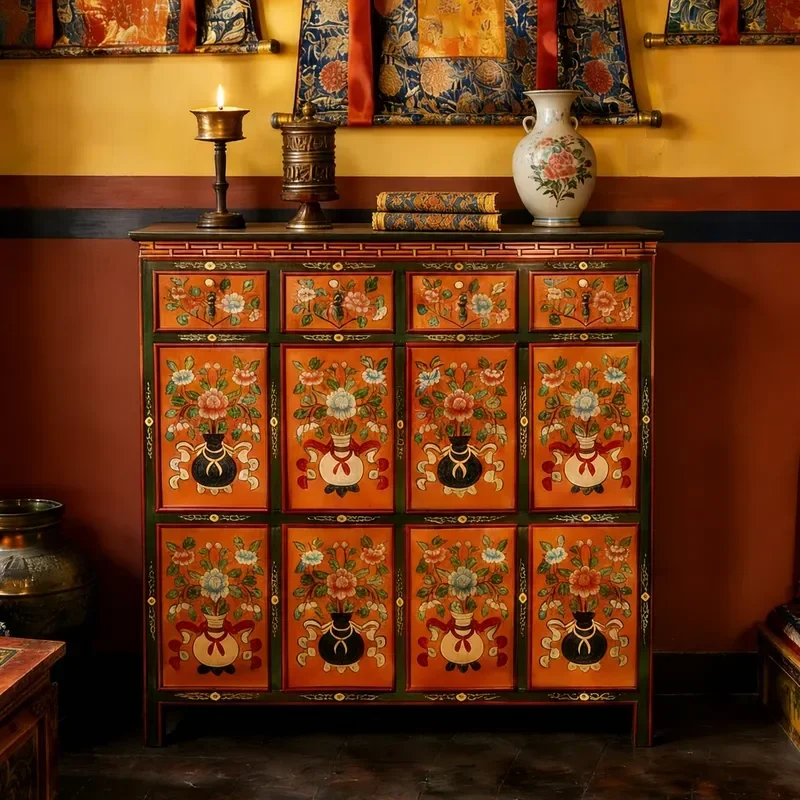 New Chinese Solid Wood Porch Cabinet Hand Painted Antique Xizang Style Foyer Shoe Storage Elm Flower Pattern Entryway