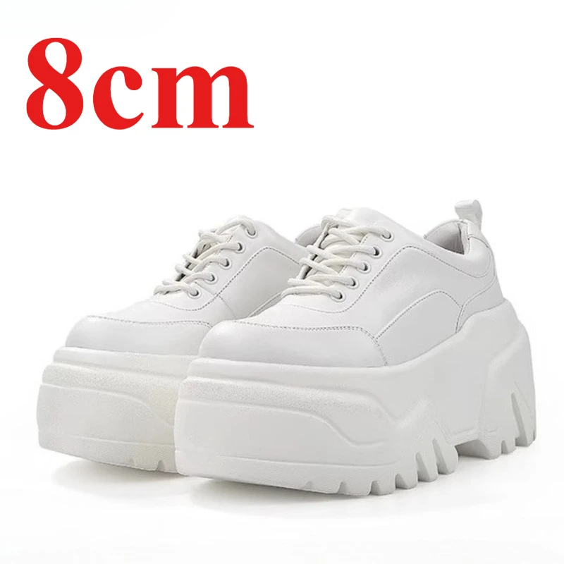 

Genuine Leather Fashion White Shoes for Women's 8cm Thick Bottom Height Increasing Shoes Comfortable Breathable Casual Sneakers