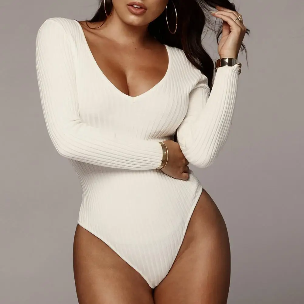 Women Bodysuit Sexy Solid Color Long Sleeve V Neck Ribbed Stretchy Sexy Slim Fit Ribbed Jumpsuit Women's Clothing