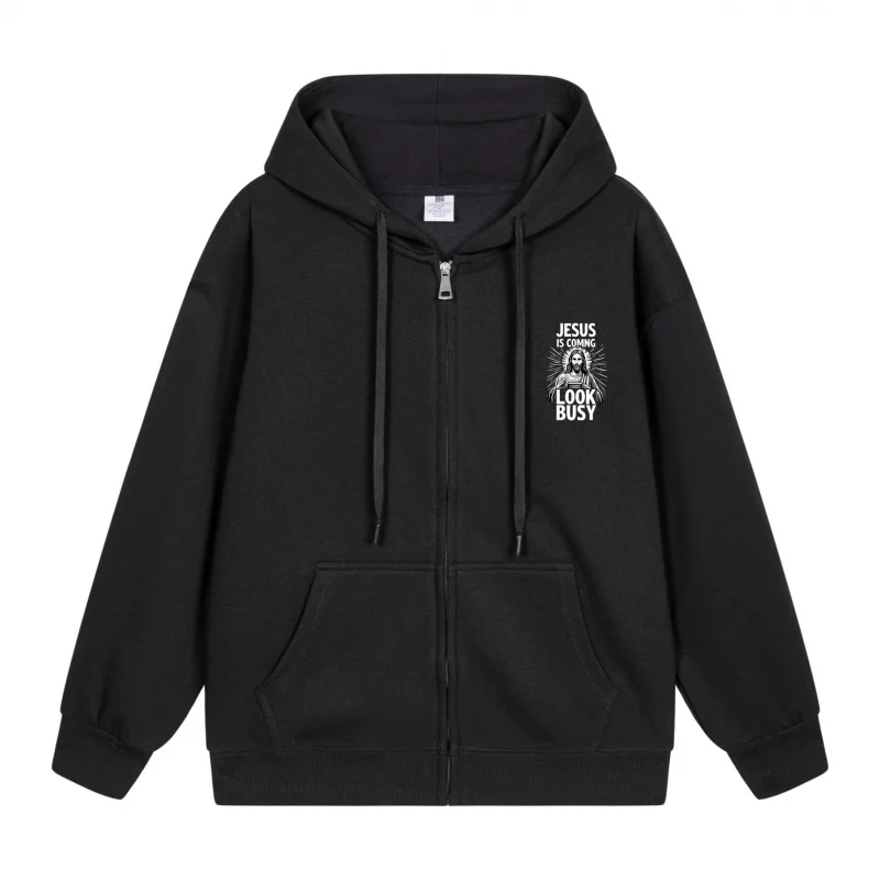 

Men's Zip-Up Hoodie Jesus Saves Black And White 2025 New Style Casual Couples’ Style Casual and Loose