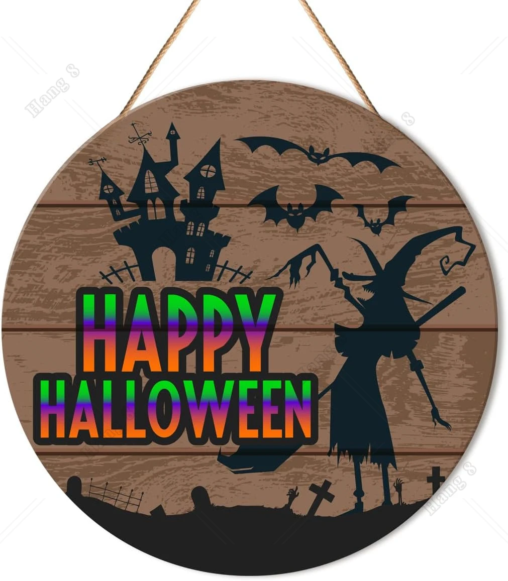 

Funny Halloween Sign Front Door Decor Happy Halloween Witch Round Hanging Sign Gothic Home Wall Wooden Decorations Witchy
