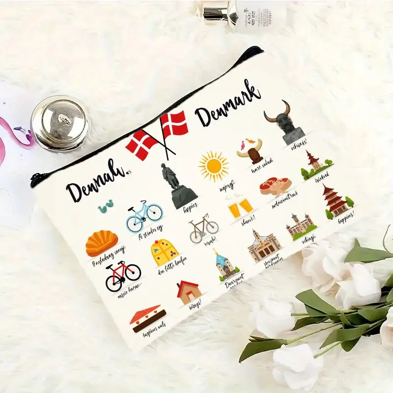 Bolsa de maquillaje con icono cultural danés, bolsa multifuncional con cremallera para mujer, bolsa de almacenamiento con cremallera perfecta para viajes, divertido regalo de cumpleaños, 1 pieza