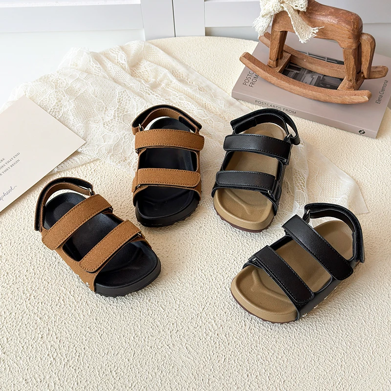 

Boys' Leather & Suede Double Strap Sandals Rivet Decor Velcro Closure Casual Street Style Daily Footwear Baby Girl Shoes 22-31