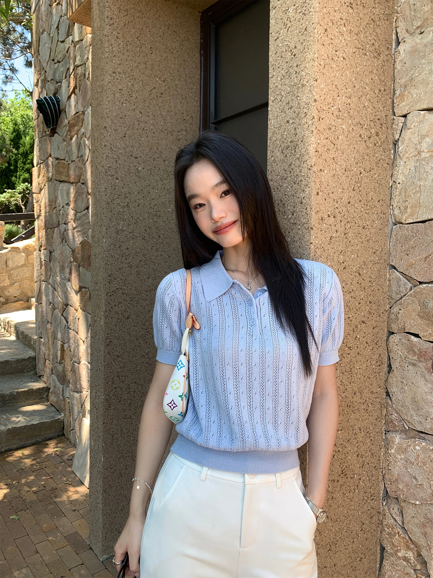 

Pusumede Paris Holiday Vintage Ne Hollow Knitted ort Sve T-irt Women's Slim Fit Versatile oulder Level Top