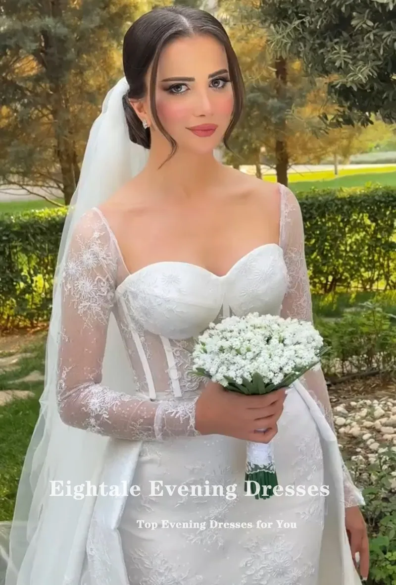 Abiti da sposa arabi Eighale maniche lunghe Sweetheart pizzo sirena bianco avorio raso corte strascico abiti da sposa personalizzati