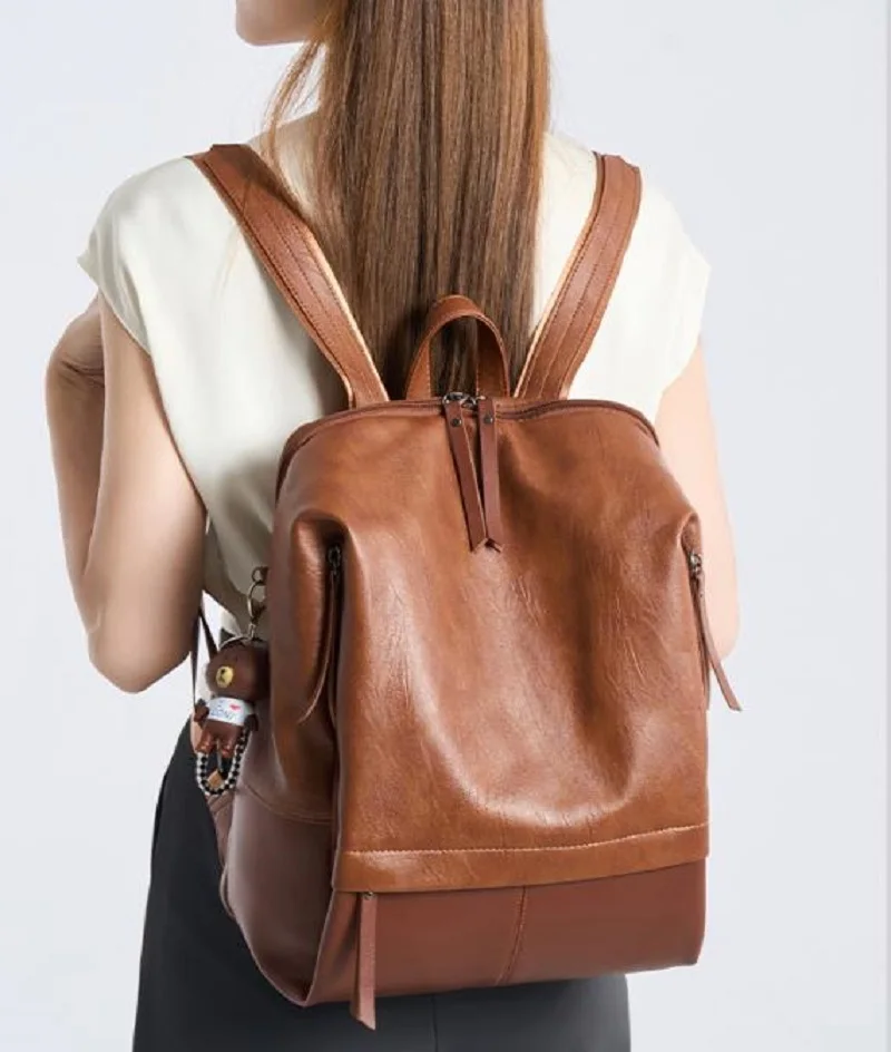 New Korean Fashion Soft Leather High Capacity Travel Backpacks Women's Double Zipper Shoulder Bags Totes Notebook School Bag