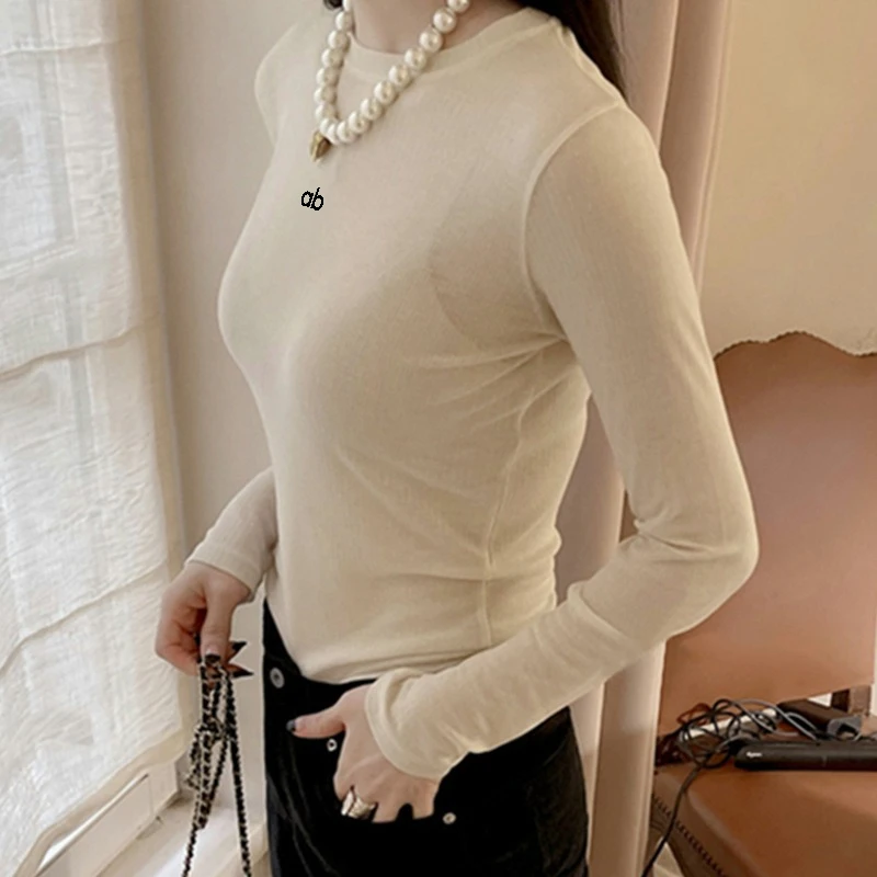 Women Soft Slim Fit Figure Flattering Sheer O Neck Long Sleeve T Shirt Sexy Versatile Casual Basic Layering Top Autumn Winter