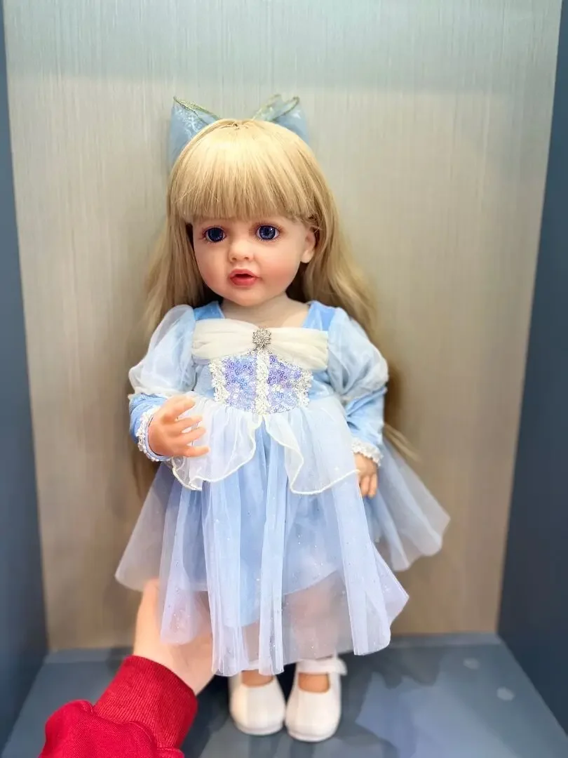 Full Body Silicone Soft Touch Baby Doll, Princesse Reborn Toddler, Cheveux blonds longs, Robe bleue, Réaliste, Réel, Betty, 55cm