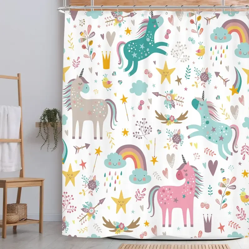 Unicorn shower curtain kids girls funny fairy cartoon fantasy colorful baby animal rainbow bathroom home decor fabric waterproof