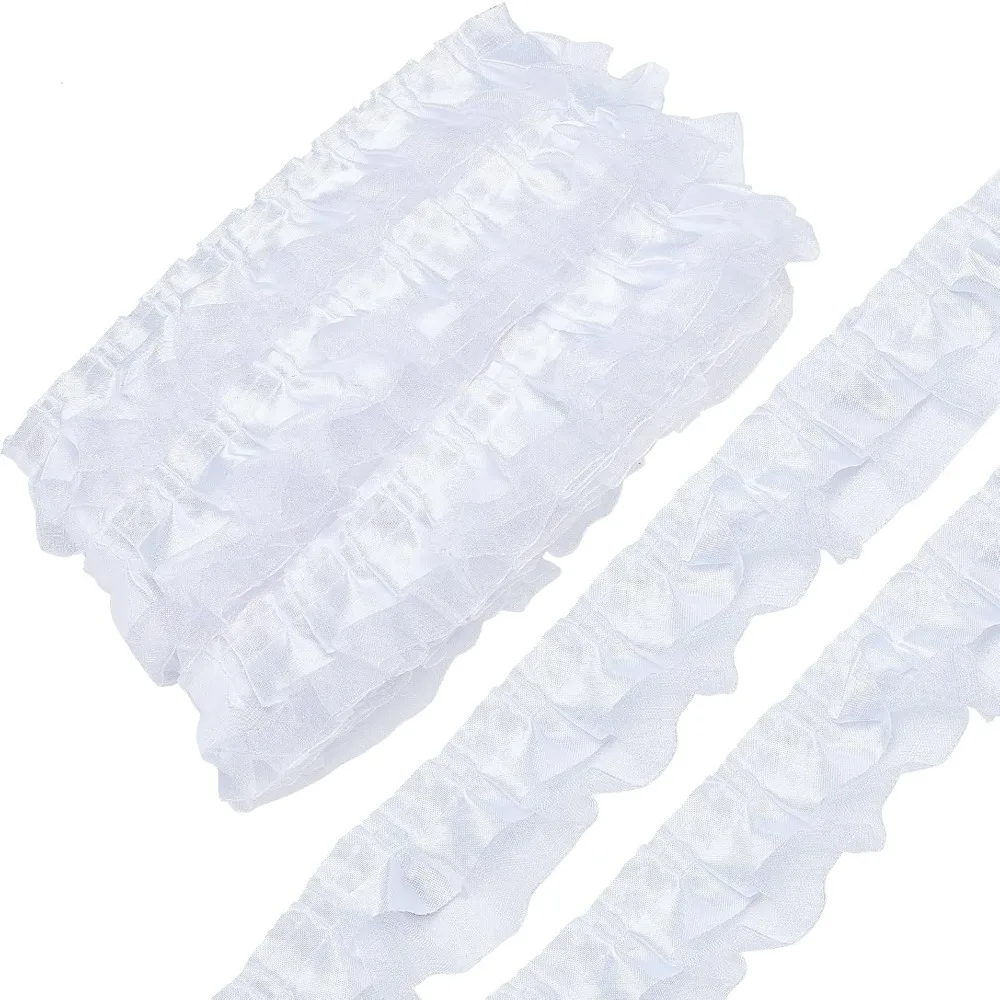 10.9 Yards 2 Layer Organza Lace Ribbon Pleated Satin Lace Edge Trim 1-5/8 Inch White Ruffle Chiffon Edging Trimmings Tulle