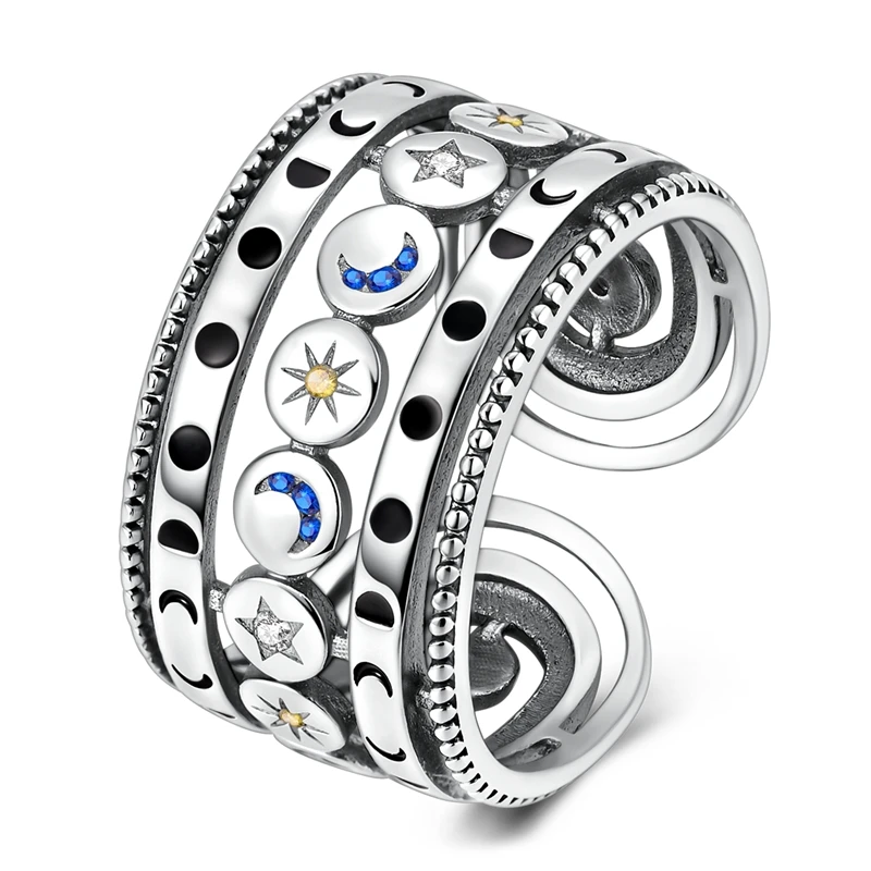 

New Ring 925 Sterling Silver Sun,Moon,Stars Moon Phases Zircon Opening Rings For Women Girls Birthday Anniversary Jewelry Gifts
