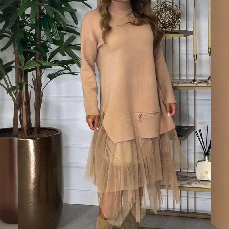 Elegant Mesh Patchwork Pullover Long Dress Women Casual Turtleneck Long Sleeve Party Dress Fashion Pleat Solid Loose Maxi Dress