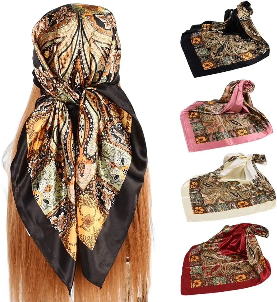 

4Pcs Silk Head Scarves for Women Satin Hair Scarf 35”Large Square Bandana Silk Like Neck Scarf Shawl