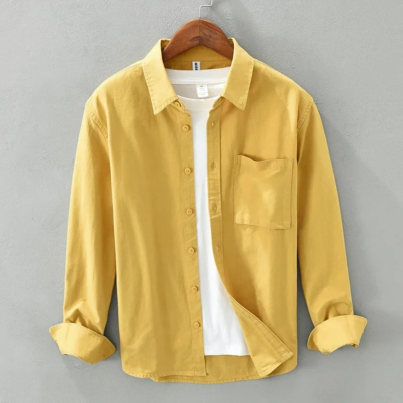 

Spring Summer Mens Shirt Daily Casual Yellow Long Sleeve Shirts Man Lapel Pocket 100% Cotton Button Up Shirt Simple Tops Comfort