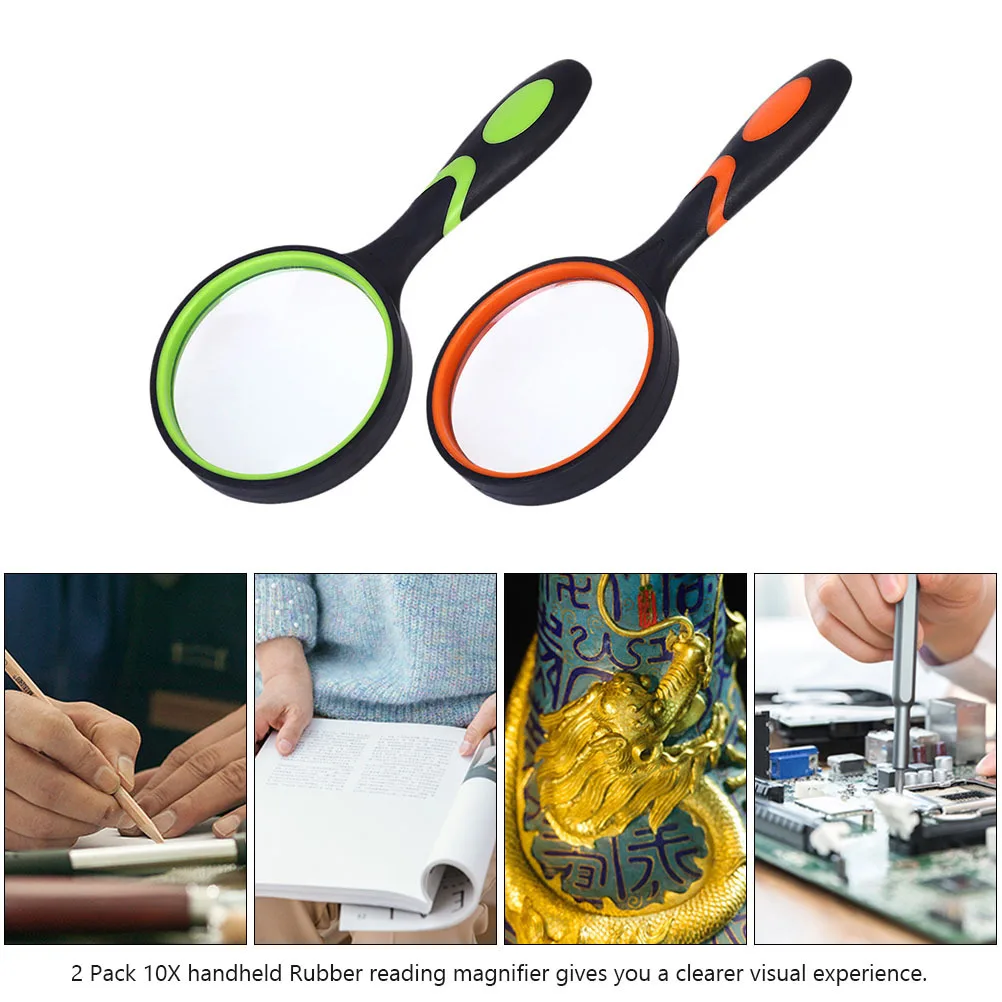 

2Pcs 10X Handheld Magnifying Glass for Reading Shatterproof Lens Kids Elderly Science Observation Clear Vision Portable Design