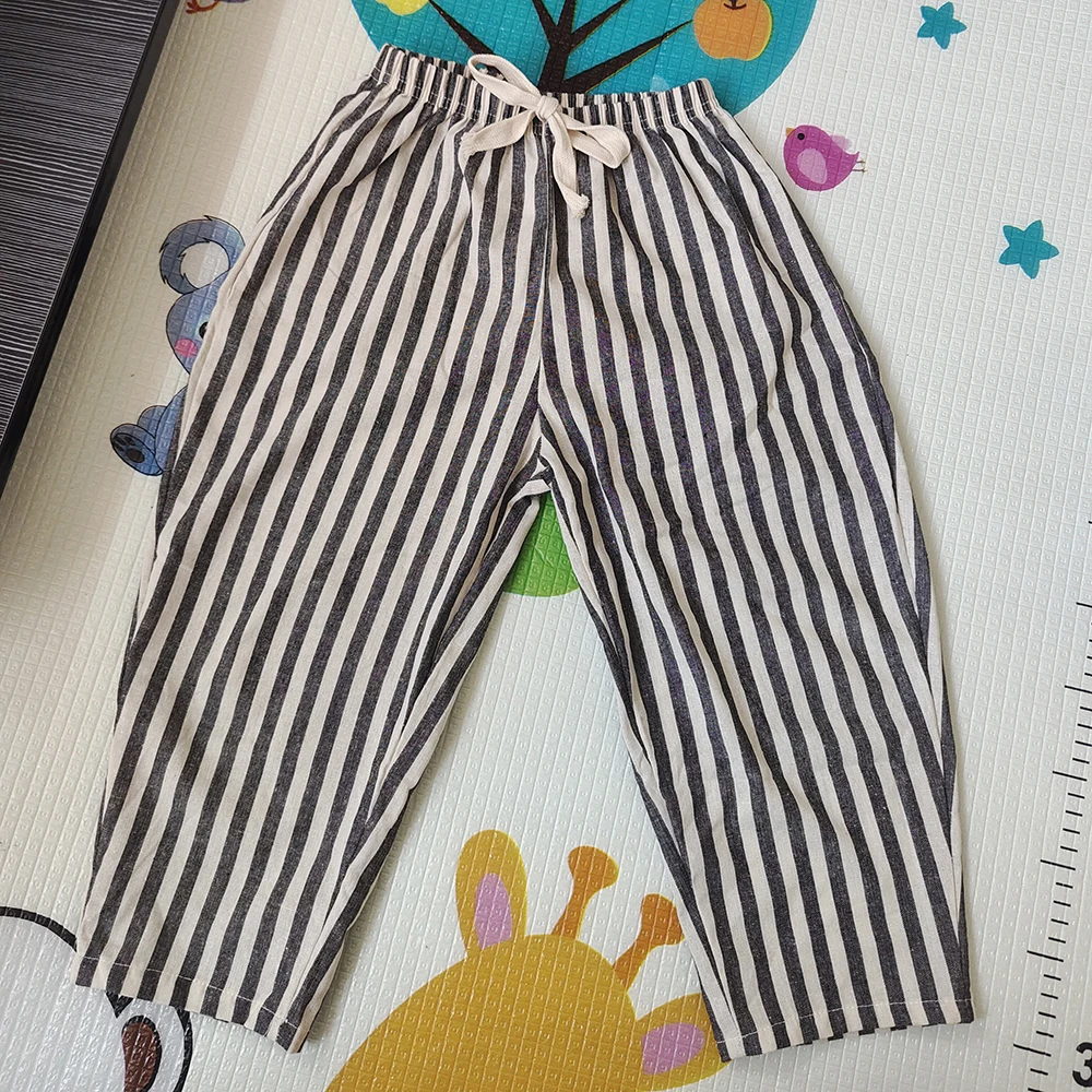 

Children's Breathable Summer Pants Toddler Elastic Waist Boys Girls Cotton Linen Striped Pants Kids Casual Loose Trousers