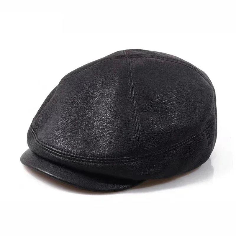 Genuine Leather Beret Hat For Men Goat Skin Duckbill Caps Trendy Spring White Lined Thin Gorra British Fashion Newsboy Bonnet