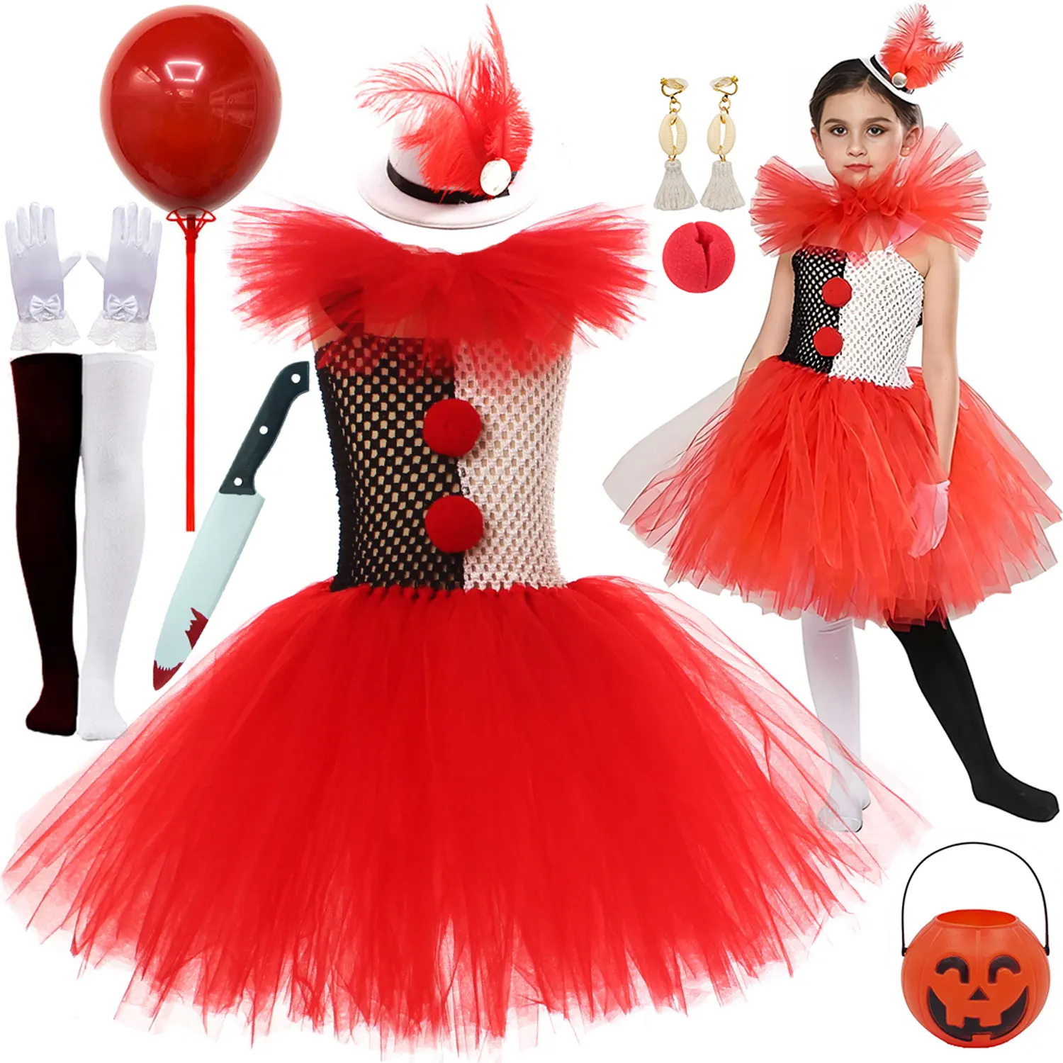 Halloween Carnival Girls Cosplay Horror Red and White Clown Princess Tutu Dress Accessories Set With Hat Gloves Stockings Props