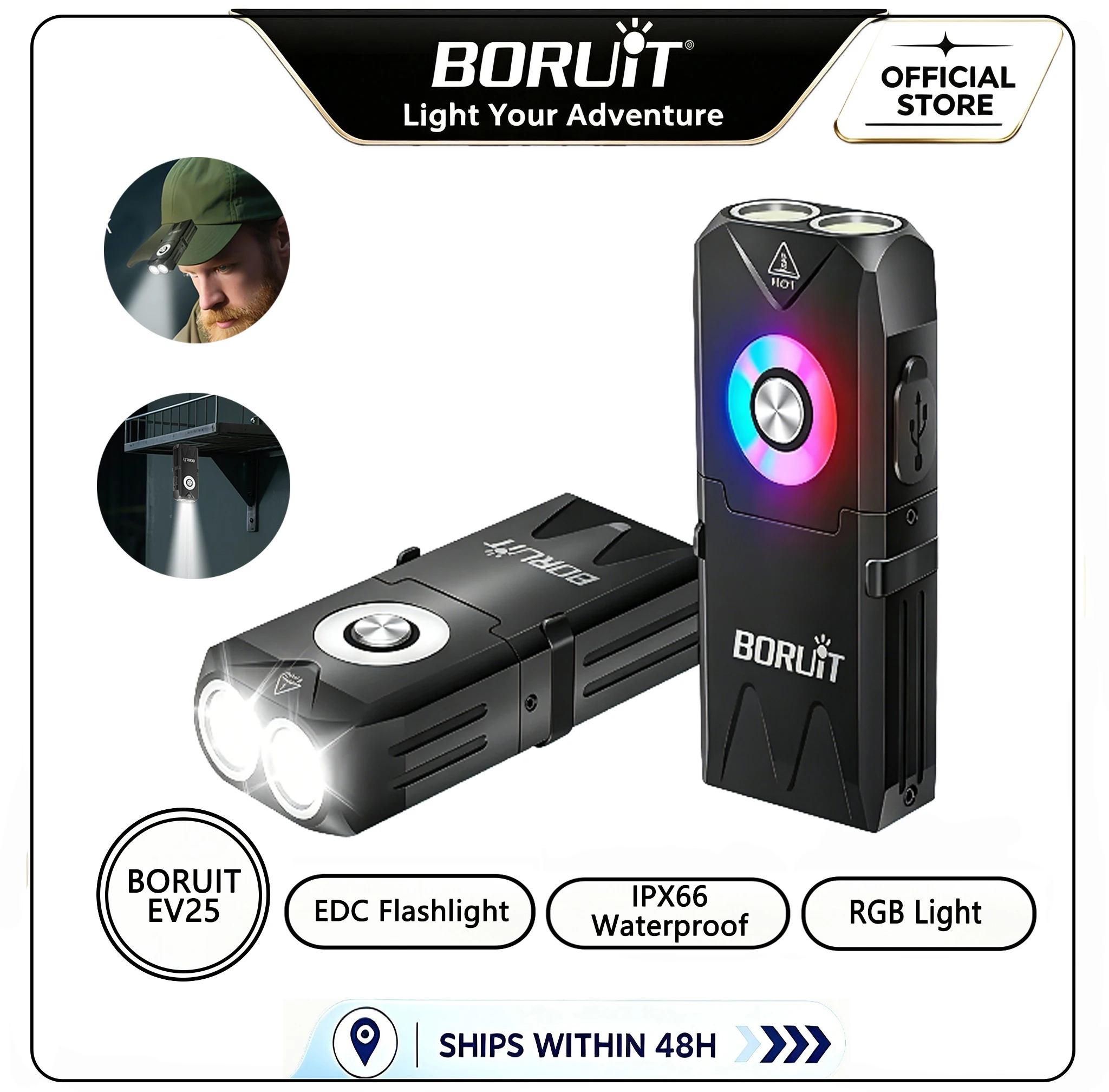 BORUiT EV25 650LM EDC Keychain LED Flashlight Type-C Rechargeable RGB Work Light Torch with Magnet Camping Pocket Lantern