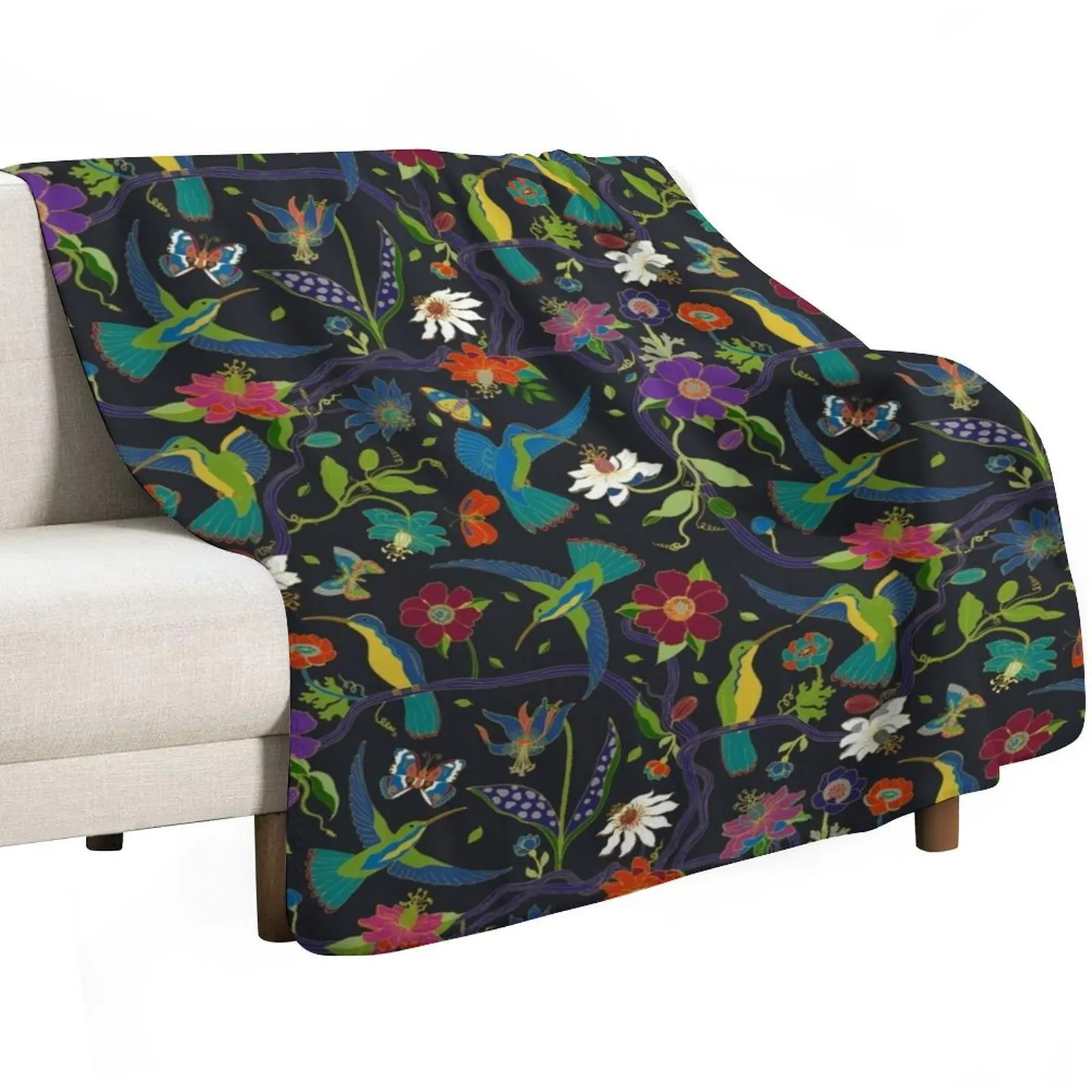 Hummingbirds and Passionflowers - Cloisonne on Black - pretty floral bird pattern by Cecca Designs Throw Blanket Bed Blankets