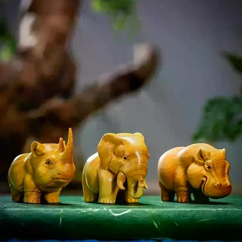 Manual Wood Carving Wooden Product Rhino Hippo Elephant Room Home Decor Car Ornaments Decoration Sculptures & Figurines 1/3pcs
