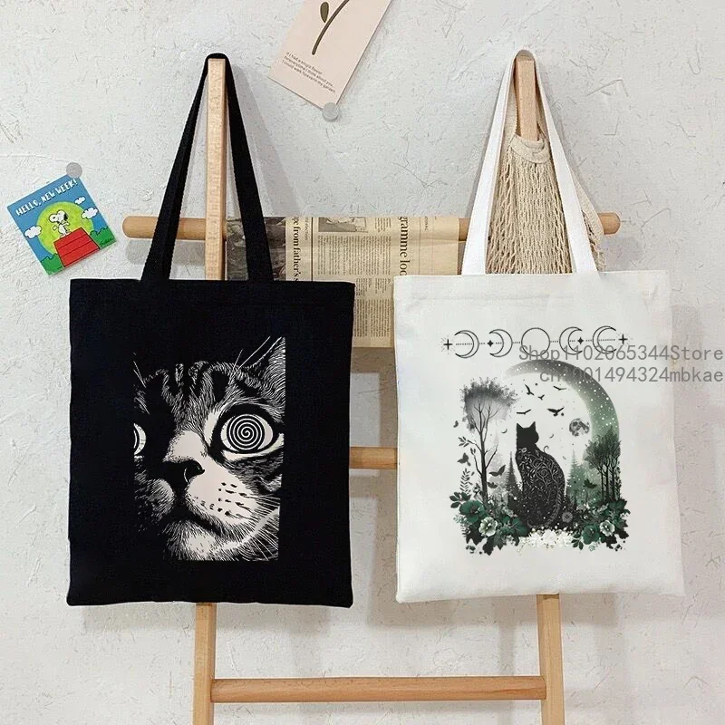 Women\'s Psychedelic Cat Tote Bag Canvas Dreamcore Aesthetic Shopping Bags Fashion Grunge Animal Unisex Shoulder Bag Handbags