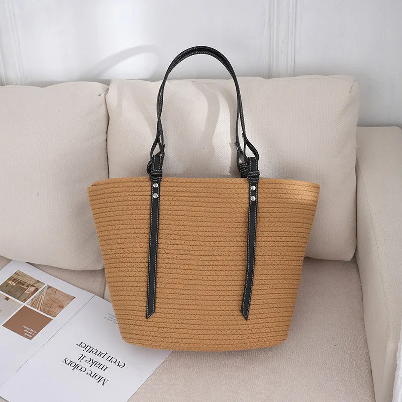 MKCCCKA Striped Design Straw Tote Bag Large Capacity Beach Boho Style Handbag Fulfilment Shopping Bag Wiklowa tkana torba na ramię