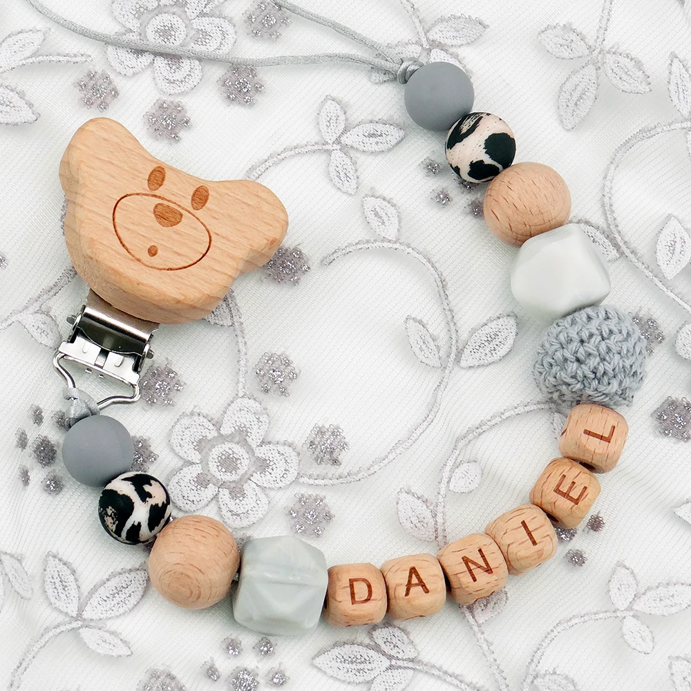 Personalized Pacifier Clips Custom Name Wood Silicone Beads Dummy Chain Nipple Attachment Holder Care BPA Free Baby Shower Gifts