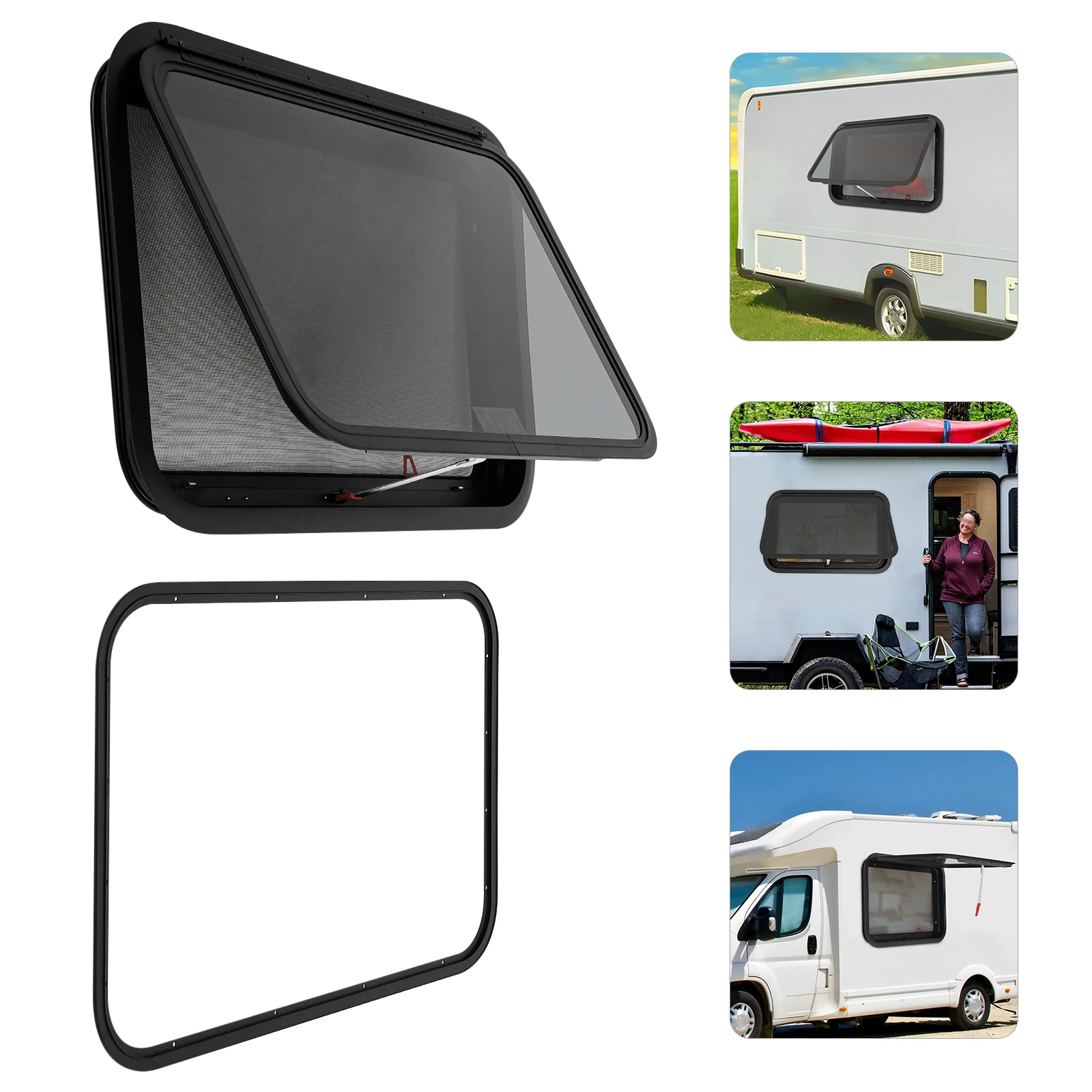 22x15in/36x20in/30x20in RV Emergency Exit Window Push Out Emergency Window with Mesh Screen & Support Rod, Black Aluminum Alloy Frame Tempered Glass for RV Camper Caravan Trailer Motorhome
