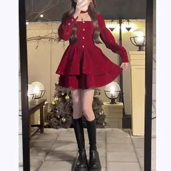 Christmas Red Dress Female Hepburn Style Temperament Long Sleeved Slim Velvet French Dress Autumn Winter Sweet Holiday Outfit