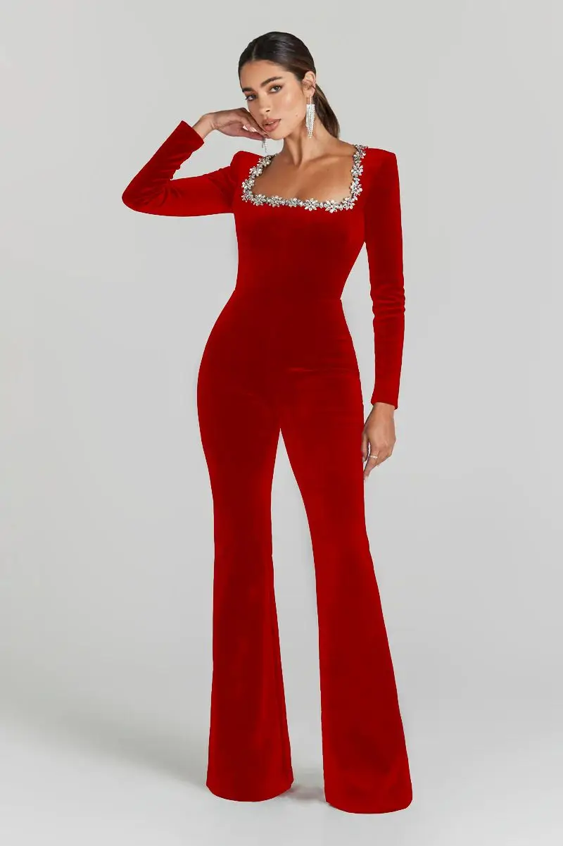 

KLEEZY Fashionable Rhinestones Diamond Hollow Red Color Bandage Jumpsuit Woman Lady Office Wear Jumpsuits For Women