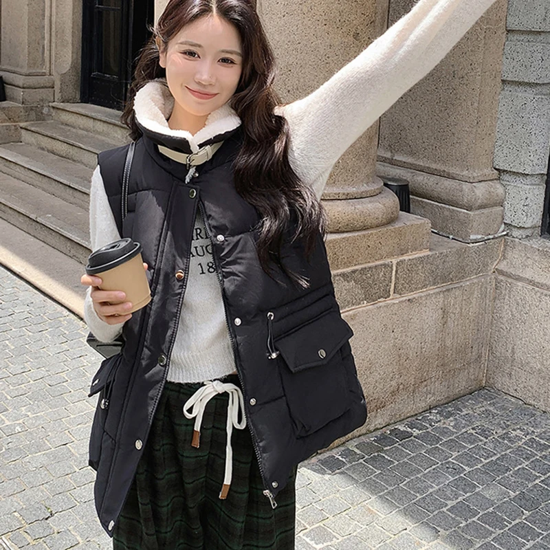 Y2K Große Tasche Ärmellose Baumwolle Weste Frauen Herbst Winter Lamm Wolle Patchwork Westen Mantel Beliebte Streetwear Unten-Baumwolle Jacke