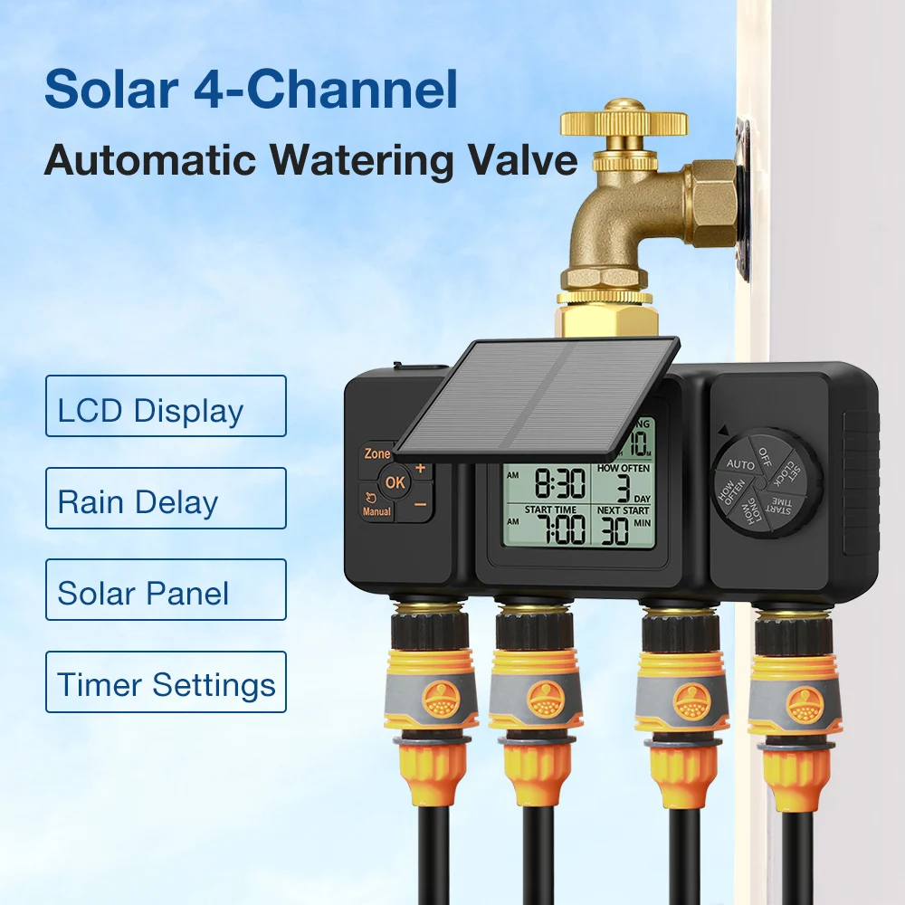4-Zone Solar Powered Irrigation Timer Outdoor Garden Water Timer LCD Watering Valve Timing Controller Rain Delay Programmer