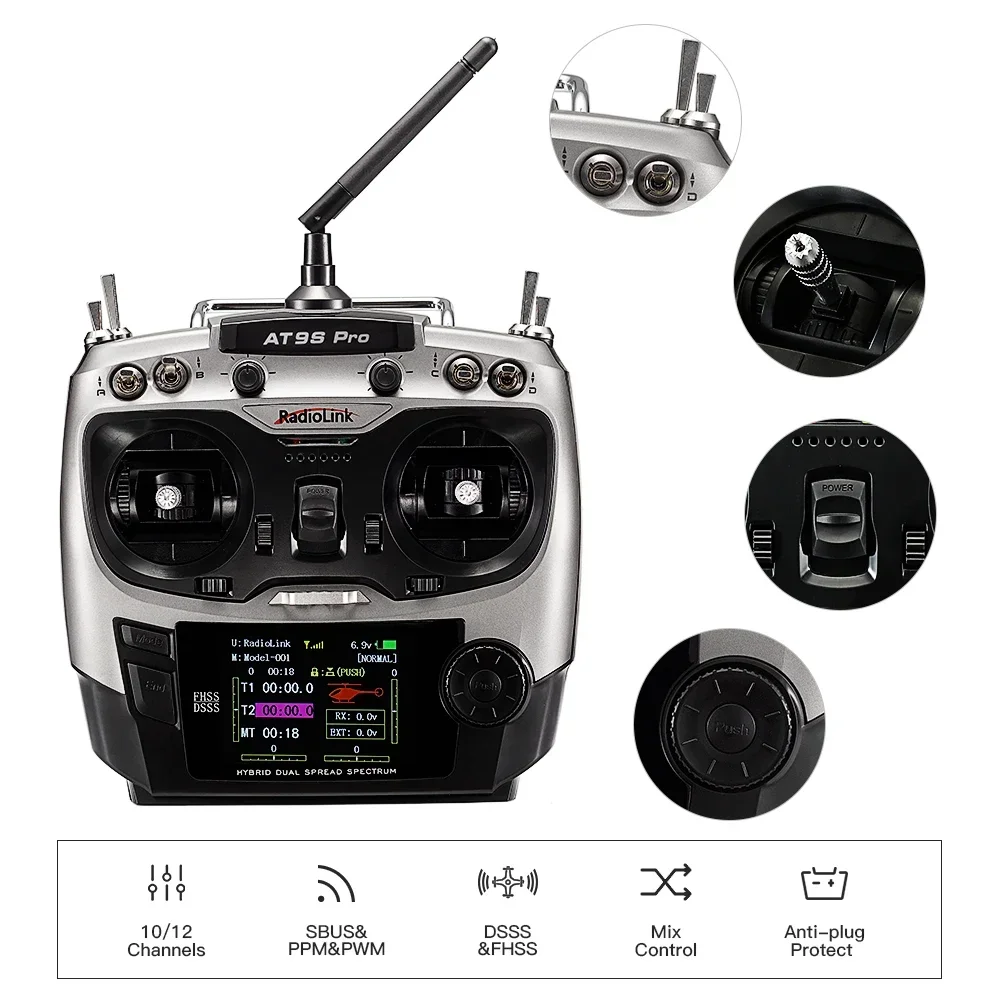 Transmisor RC Radiolink AT9S Pro 2.4G 10/12CH |   Receptor R9DS incluido – Ideal para drones de carreras y cuadricópteros FPV