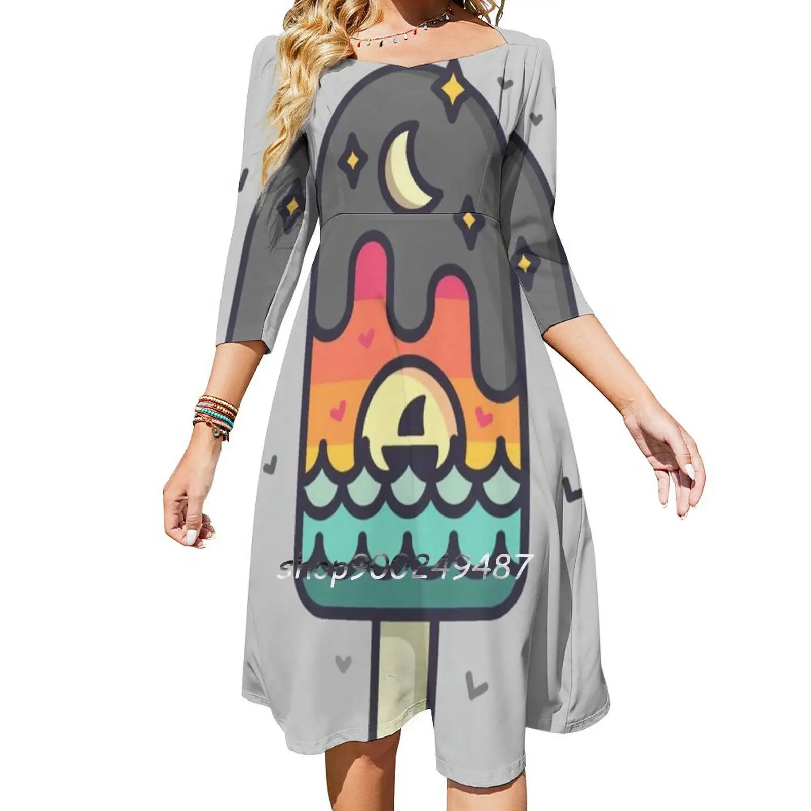 Popslice Surrealism Sweetheart Knot Flared Dress Fashion Design Large Size Loose Dress Popslice Summer Landscape Birds Moon