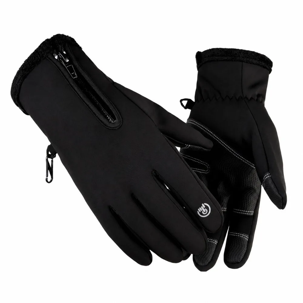 Waterproof Men's Black Winter Gloves Touch Screen with Zipper Thermal Cycling Gloves Elastic Cuff Non Slip Winter Sports Gloves