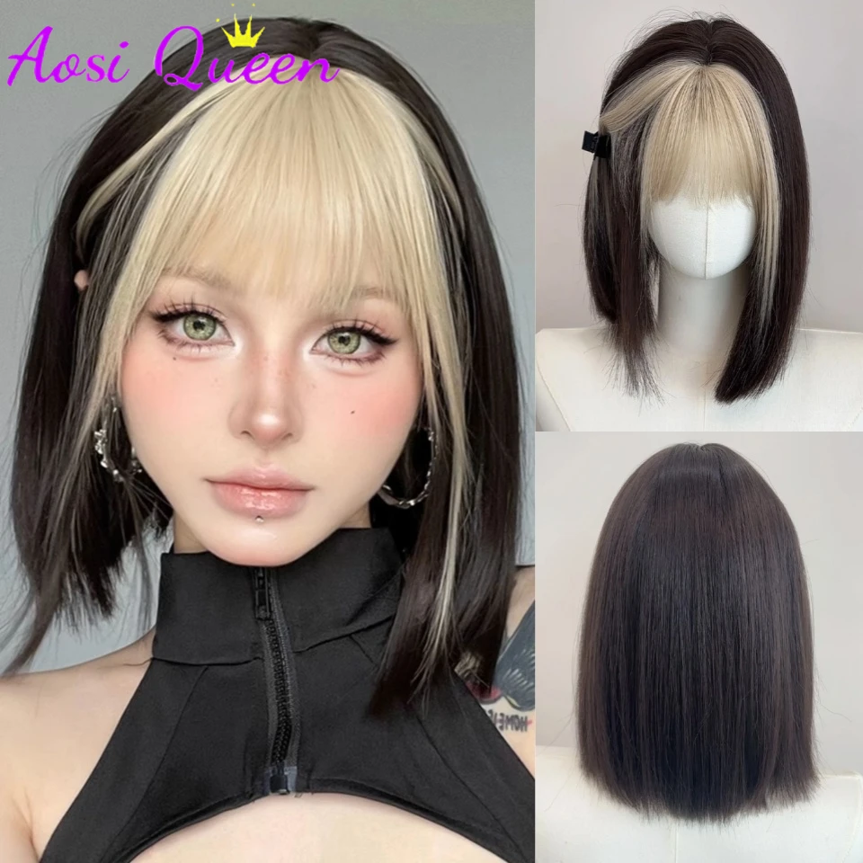 

Synthetic Gradient Black Short Straight Bob with Platinum Bangs Wig for Women Daily Party Role Playing Heat Resistant Wig